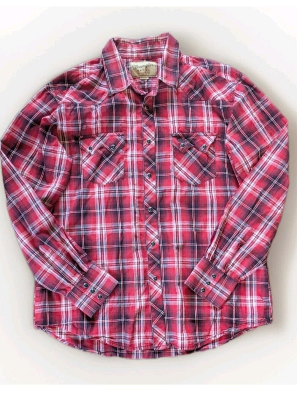 Wrangler Retro Western Shirt XL Red Plaid Pearl Snap 100% Cotton Rodeo Cowboy
